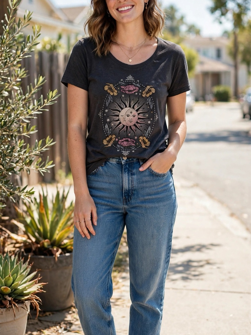 Women's Sun & Moon Graphic Tee - Charcoal